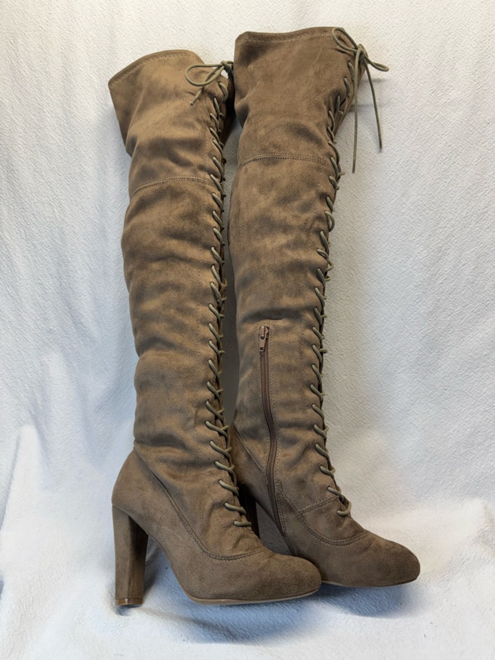 Savage Style Wild Diva Over The Knee Tan Vegan Suede Boots Corset Style Lace Up
